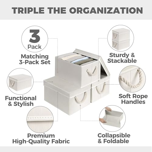Set of 3 Fabric Bins for Organization - Foldable & Stackable With Lid & Rope Handles - Collapsible Fabric Storage Cubes Lightweight & Sturdy Bottom, Space Saving Collapsible Bin, Ivory