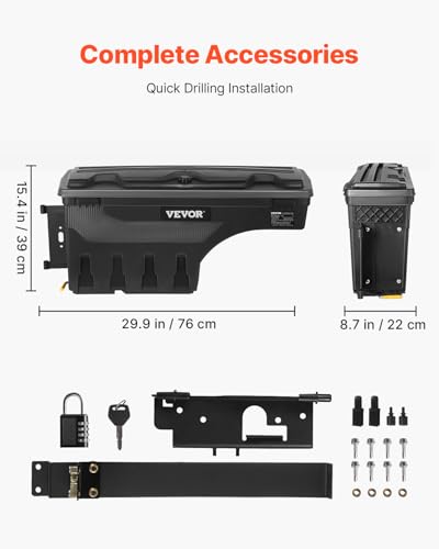 VEVOR Truck Bed Storage Box, Compatible with Dodge Ram 1500 2019-2021 L, Waterproof ABS Wheel Well Tool Box with Lockable Lid and Password Padlock, 6.6 Gal/25 L Truck Bed Toolbox, Driver Side, Black - size: Driver Side, style: Dodge Ram