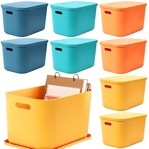 Hoolerry 8 Pieces Colorful Storage Bins with Lid, Plastic Storage Basket Organizing Container Stackable Box with Handle for Shelves Desktop Playroom Office(14.2 x 10.2 x 9.5 Inch,Multi-colored) - color: Multi-colored, size: 14.2 x 10.2 x 9.5 Inch
