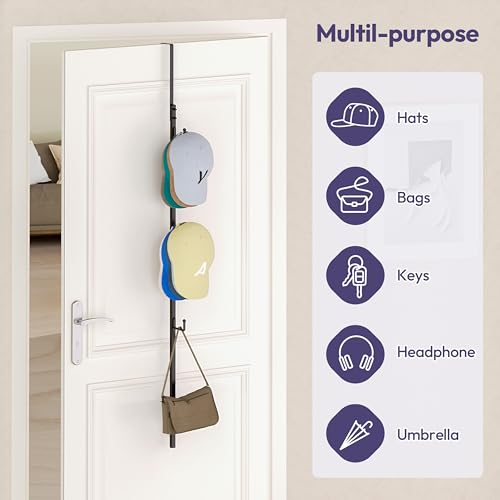 SWTYMIKI Over Door Hat Rack - Hat Organizer with 4 Hooks Design, Hanging Baseball Cap Organizer Storage Holds Up to 20 Caps for Door, Bedroom, Closet (Black) - color: black, size: 1 Pack