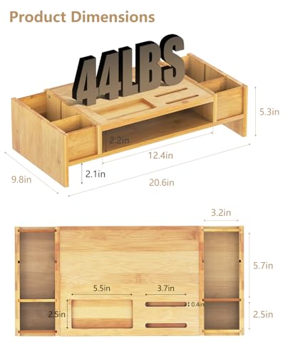 Ufine Bamboo Monitor Stand with Storage Compartments Ergonomic Computer Laptop Riser Small Space Organizer for Home Office