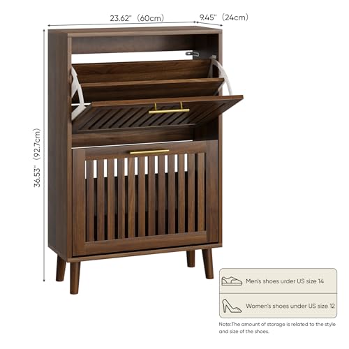 Smart FENDEE Shoe Cabinet Storage for Entryway with 2 Flip Drawers, Slatted Shoe Cabinet with Golden Handle, Wooden Hidden Shoe Rack Freestanding Narrow Slim Shoes Organizer for Hallway, Entrance - color: Walnut, size: 23.62" W