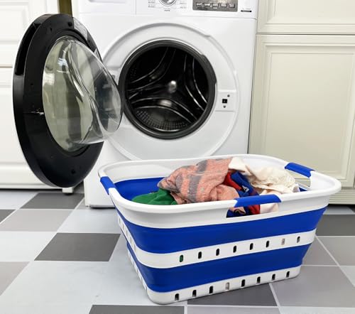 SAMMART 42L (11 gallon) Collapsible Plastic Laundry Basket - Foldable Pop Up Storage Container/Organizer - Space Saving Hamper/Basket (1, White/Dark Blue) - color: White/Dark Blue