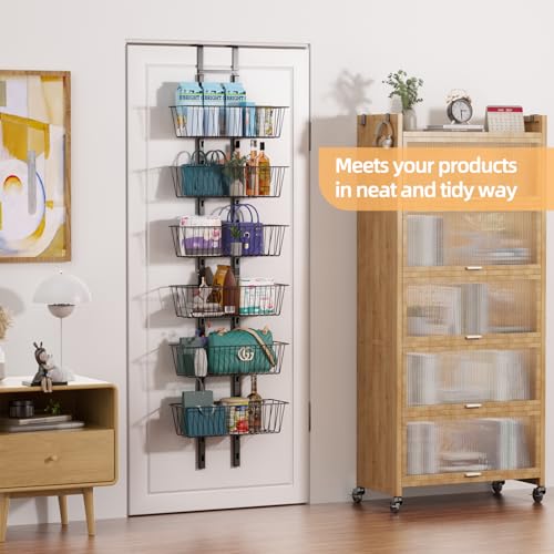 6-Tier Over The Door Pantry Organizer, Metal Hanging Storage Shelf with Adjustable 6 Baskets, Space-Saving Design Hanging Spice Rack for Kitchen, Bathroom, Laundry Room, Black - color: Black, size: 6-Tier