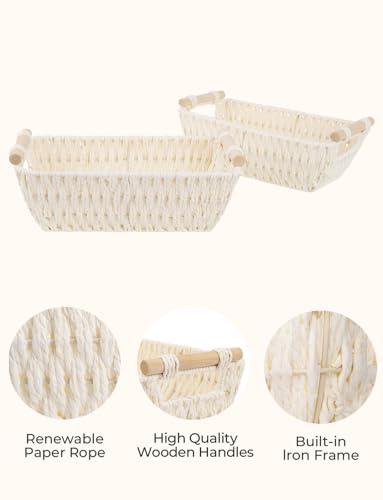 StorageWorks Round Paper Rope Woven Basket with Wooden Handles for Gifts, Small Wicker Baskets for Shelf, Beige, 2-Pack - color: Beige, size: Small
