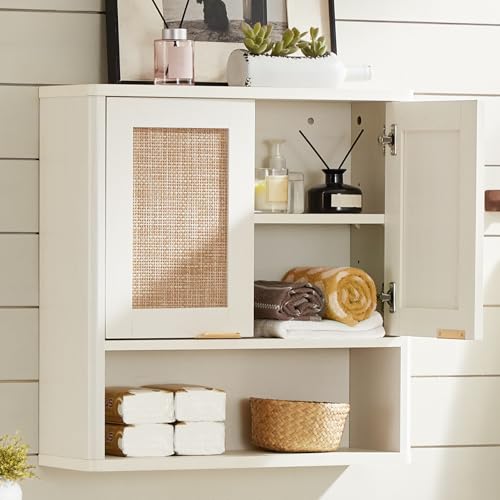 LEYAOYAO Rattan Bathroom Wall Cabinet, Boho Medicine Cabinet with Adjustable Shelve & Doors, Over The Toilet Storage Cabinets Organizer for Laundry Room, Kitchen, Living Room, White - color: White, size: 7.7"D×23.5"W×24"H