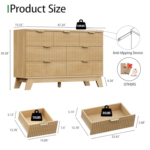 Fluted Dresser for Bedroom with 7 Drawers, 48" Wide Modern Chest of Drawers with Metal Handle, Wood Dresser TV Stand, Wooden Closet Clothes Storage Organizer for Living Room, Hallway, Natural Oak - color: Natural Oak, size: 15.6"D x 47.2"W x 30.5"H (7 Dra