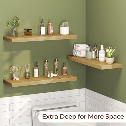 Fun Memories Floating Shelves for Wall 30 Inch Set of 3, Farmhouse Floating Shelves with Invisible Heavy Duty Bracket, 10 Inch Deep Bathroom Shelves for Storage, Living Room, Kitchen, Decor, Oak - color: Oak, size: 30"W x 10"D - 3P