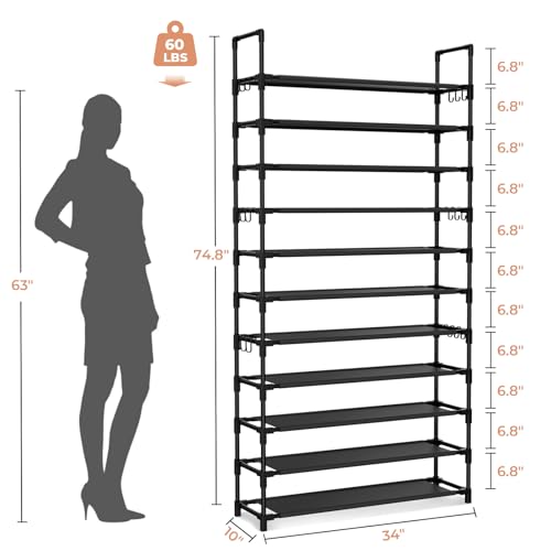 LANTEFUL 11 Tiers Tall Shoe Rack Holds 55 Pairs of Shoes with 18pcs Hooks Sturdy Wide Shoe Organizer Storage Free Standing Metal Shoe Shelf for Closet, Entryway Black - color: Black, size: 11 Tier-74.8" High-34" Wide
