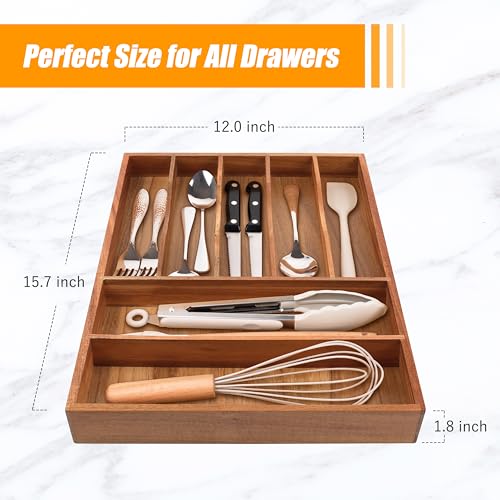 Bellsal Bamboo Silverware Organizer, 12"x15.7" Utensil Holder Cutlery Tray with Grooved Drawer Dividers for Kitchen Flatware, Bedroom, Office (7 Slot, Acacia) - color: Acacia, size: 7 Slots