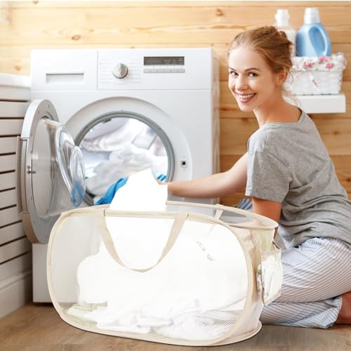 Durable Collapsible Laundry Baskets, Mesh Pop Up Laundry Hamper with Side Pocket, Foldable Clothes Hamper with Reinforced Carry Handles for Laundry, Bathroom, Kids Room, Dorm or Travel 2 Pack Beige - color: 2 x Beige