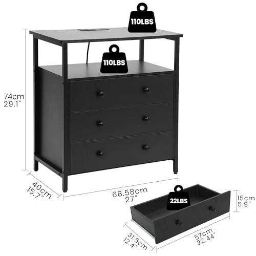 Edbuosy 3 Wooden Drawers Nightstand, 27 Inch Wide Night Stand Set 2 with Charging Station and Adjustable Drawers, Small Dresser for Closet, Bedside Table for Living Room/Bedroom/Office, Black. - color: 2 Pack, Black, size: 3 Drawers
