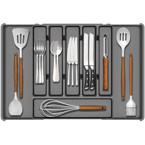 Silverware Drawer Organizer, Expandable Utensil Tray for Kitchen Drawers, BPA Free Flatware and Cutlery Holder, Adjustable Plastic Storage for Utensil like Spoons, Forks, Knives.Black - color: Black-8 grid