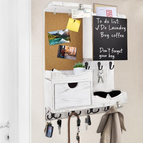Key Holder Wall Mount， Mail Organizer Key Holder for Wall with Shelf, Drawer, Chalkboard, Corkboard, Home Decor Wall Mounted for Room Entryway(Whitewashed) - color: Washing white, size: Vertical