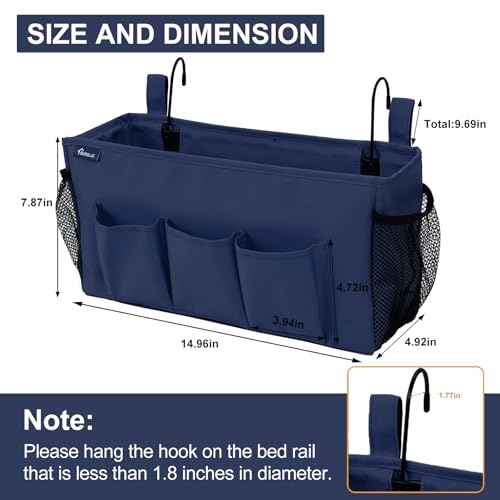 Surblue Bedside Organizer with Hook Bedside Caddy Hanging Storage Bag with Adjustable Straps and Water Bottle Holder for Home College Dorm Bunk Bed Accessories, Crib Bed Rails, Hospital Bed,Navy,2PCS - color: 2Pcs Navy