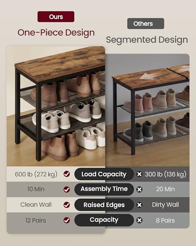 VASAGLE 3 Tier Shoe Rack Bench, One Piece Shelves, Shoe Storage Organizer with Raised Edges, Industrial Style, Easy Assembly, 11 x 39.4 x 19.7 Inches, Rustic Brown and Matte Black ULSB075KD01S - color: Rustic Brown + Matte Black, size: 39.4"W