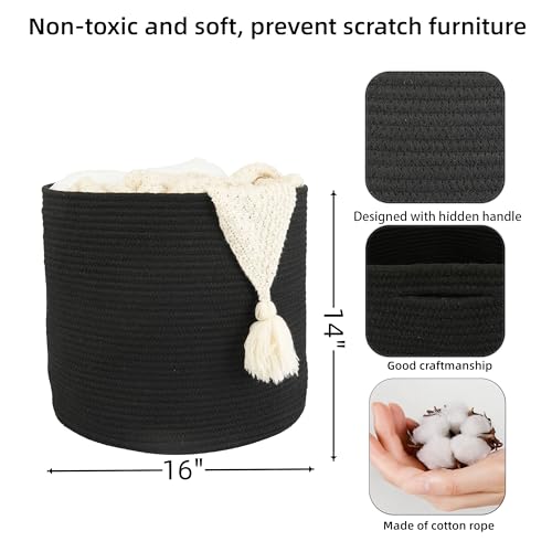 XUANGUO Cotton Rope Basket For Girls Boys Kids 16”X14” Baby Laundry Basket Nursery Bin Round Woven Baskets Organizer For Storage Toys Blankets Shoes Clothes black - color: black