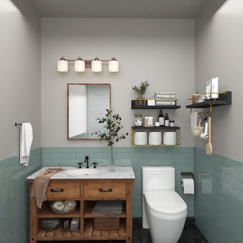 PopiShelves Bathroom Shelves Over Toilet for Wall, Floating Shelves with Storage Basket Paper Holer for Kitchen Living Room, Bedroom & Classroom, Set of 3 (Black and Gold) - color: Black and Gold, size: 15.7"