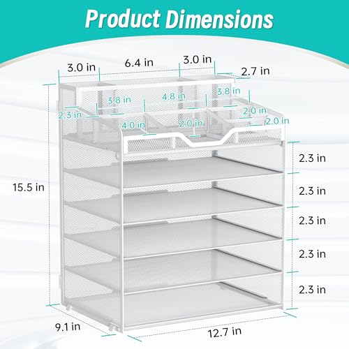 6 Tier Mesh Desk Organizer,Multi Functional Letter Paper Tray with 3 Pen Holders and 5 Adjustable Storage Compartments for Office Supplies Files and Mail Space Saving Desktop Organizer-White - color: 6 Tier-white
