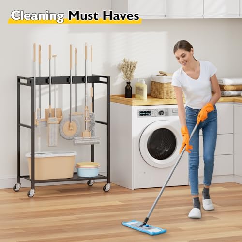 BORISI Broom And Mop Holder, Movable Broom Closet Storage Cabinet, Cleaning Cart with Mop Hanger Gripper Rack, Janitorial Cart, Utility Carts, Laundry Room Organization Home Essentials - size: Medium