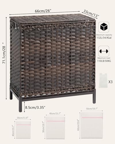SETVSON Laundry Hamper with Lid 132 L, (35 Gallons) Clothes Hamper with Lid, Handwoven Rattan Laundry Hamper with Metal Heightened Feet, Laundry Hampers with 3 Removable Liner Bags for Laundry-Brown - color: Brown, size: 132 L - 35 gal