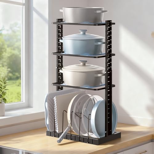 LAMU Pots and Pans Organizer for under Cabinet, Heavy-Duty Pot Pan Organizers inside Cabinet for Cast Iron Pan, 25.2" Adjustable Height for Pot Lid Holder Accommodates 9 Cookware, Black