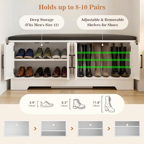 Farmhouse Shoe Storage Bench with Cushion - 43.3" Entryway Bench with Storage & 4 Barn Doors, 2-Tier Wooden Shoe Rack Bench, Hidden Shoe Cabinet & Mudroom Bench for Bedroom Hallway Living Room, White - color: White