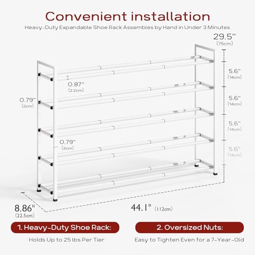 Bumusty 5-Tier Long Expandable Shoe Rack for Closet, 18"-44" Adjustable Shoe Rack for Entryway, 25-30 Pairs Large Shoe Organizer Shelf Storage, Sturdy Metal, White - color: White, size: 5-Tier