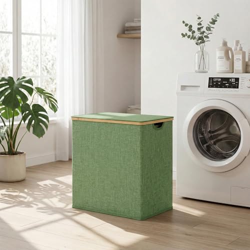 efluky Laundry Hamper with Lid, Double Laundry Hamper with 2 Removable Bags, 2 Section Laundry Basket with Bamboo Handles for Bathroom, Bedroom & Laundry Room,140L Green - color: Green, size: 140L Dual