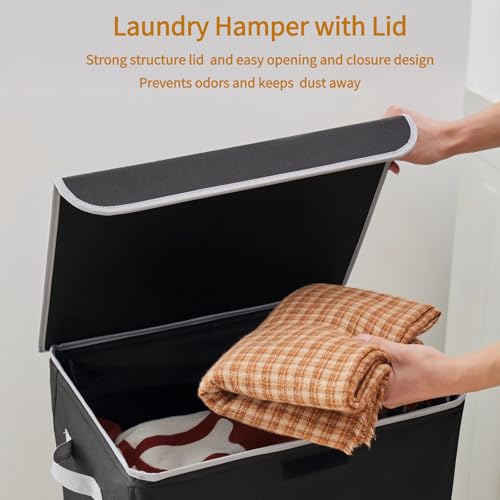 Laundry Hamper with Lid, 90L Collapsible Clothes Basket, Strong Struture, Dirty clothes Hamper, Removable Laundry Bag with String Closure, for Bedroom, Bathroom, Dorm, College, Toys, Black - size: 90L