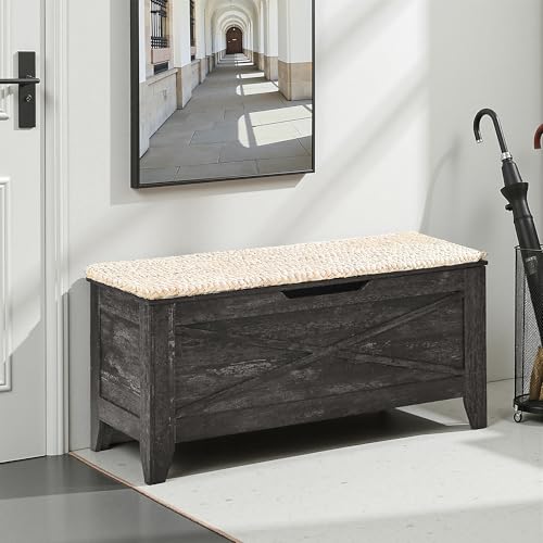 VECELO 43.3" Storage Bench, Entryway Shoe Ottoman, Farmhouse Style Bench with Handwoven Cushion and Metal Safety Hinges, for Bedroom, Living Room, Entryway, Gray - color: Grey, size: 43.3"W