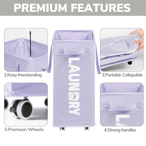 Goodpick Laundry Basket with Wheels,75L Collapsible Laundry Baskets with Removable Wash Bag, Clothes Laundry Hamper on Wheels, Light Purple - color: Light Purple 1-Pack