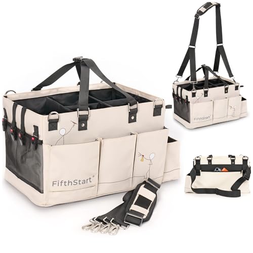 FifthStart Multiuse Cleaning Caddy - Adjustable Straps & Caddy Organizer with Handle - Mesh Base & 9 Pockets Organizer Bag - 5 Dividers & Washable Fabric Cleaning Tote (beige, XL) - color: Beige, size: X-Large