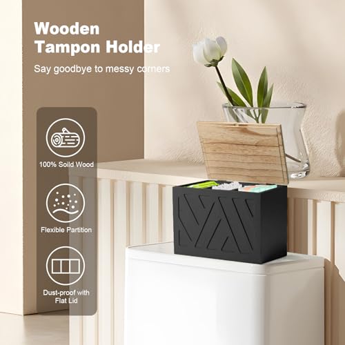 Tampon Holder for Bathroom, Feminine Product Organizer, Pad Organize Case with Lid, Shark Week Wooden Tampon Storage Decor, Lady Girl Stuff Box for Toilet Bathroom Accessories- Black - color: Black