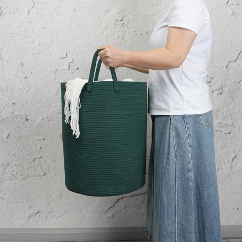 Woven Cotton Rope Laundry basket-15”X20” Laundry Hamper-Rope Storage Basket for Dirty Clothes, Toys and Blankets Perfect for Bathroom, Baby nursery and Living Room Storage (dark green) - color: dark green, size: regular