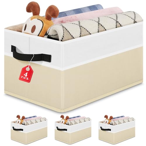 Large Shelf Storage Bins [4 Pack],Decorative Collapsible Storage Basket,Fabric Closet Organizer and Home Storage Cubes with Handles for Organizing Books, Clothes, Toys, Nursery（Beige） - color: Beige 4 Pack