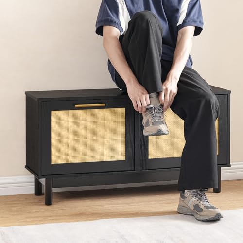 HOOBRO Rattan Shoe Storage Bench with Double Flip Drawers, Narrow Shoe Storage Organizer for Entryway, 11.8" D x 39.4" W x 20.9" H, Hidden Space Saving Wooden Shoe Cabinet for Hallway, Black BN51HX01 - color: Black