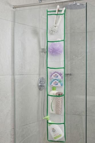 ALYER Narrow Mesh Fabric Shower Caddy Organizer with Hanger,Hanging Mesh Pockets for Shampoo, Conditioner, Soap and Body Wash (Green) - color: Green-hanger