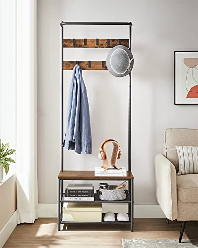 VASAGLE Hall Tree with Bench and Shoe Storage, Entryway Bench with Coat Rack Stand and Shoe Rack, 9 Movable Hooks, Top Bar, Fabric Shelves, Industrial, Rustic Brown and Black UHSR411B01 - color: Rustic Brown + Black, size: 25.2"W