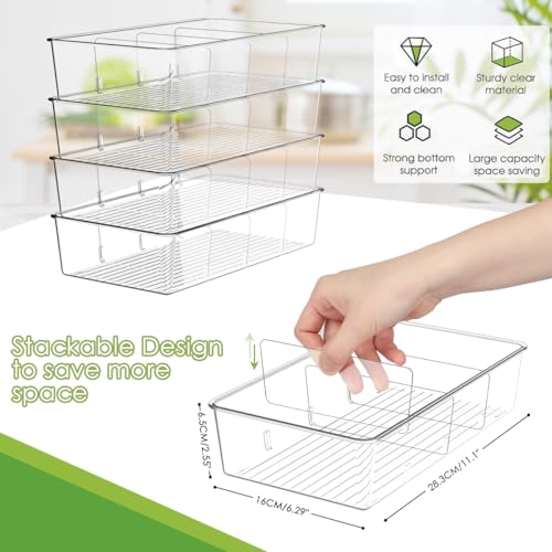 ZIZOTI Snack Organizer for Pantry Shelf, 4 Pack Clear Plastic Pantry Storage Bins with 3 Dividers for Snacks, Spices, Chips Food Organizer, Stackable Pantry Organizers for Kitchen, Fridge, Cabinet - color: 4 Pack