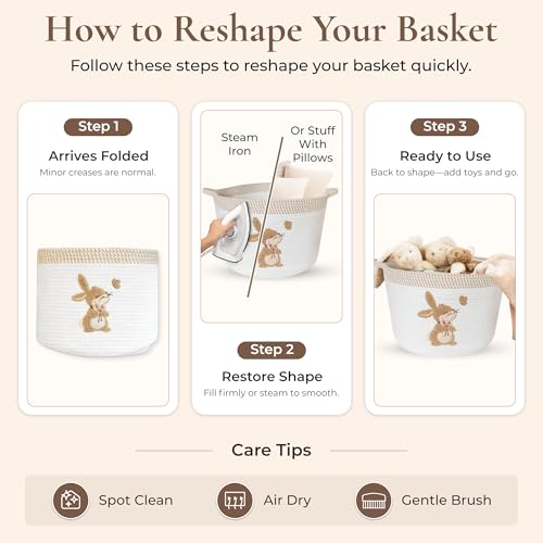Bunny Storage Basket for Nursery – Large 15"x11" Cotton Rope Bin with Soft Embroidered Bunny Patch – Toy Organizer, Baby Laundry Hamper, Blanket & Diaper Holder – Foldable, Washable & Baby-Safe - color: Bunny