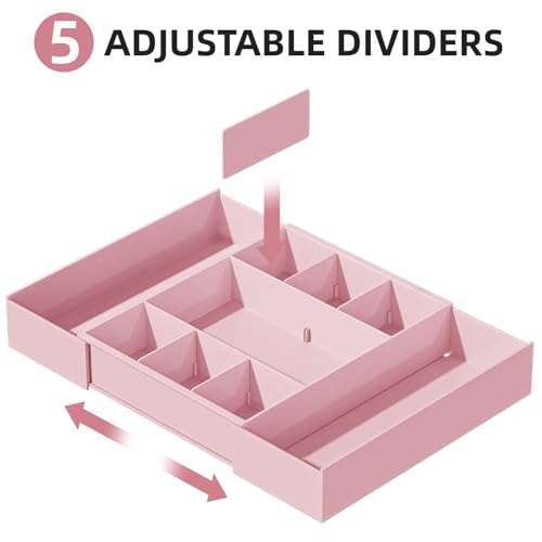 Marbrasse Expandable Desk Drawer Organizer, Clear Plastic Drawer Organizer Tray with 10 Adjustable Compartments, Desk Organizers and Accessories, 5 Drawer Dividers for Office Supplies, Makeup (Pink) - color: Pink