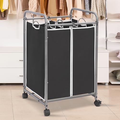 STORAGE MANIAC Laundry Sorter 2 Section, 90 L Gal Laundry Hamper with Wheels, Clothes Basket Separator Sorter, 2 Bag Clothes Cart with Wheels and Removable Bags for Closet, Dorm, Collage, Black - color: Black, size: 2 Section