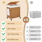 Handwoven Hamper with Lid, Laundry Basket with Wheels, Machine Washable Liner, 2 Section Clothes Hamper for Bathroom Laundry Room Bedroom, Rattan, 125L - color: Rattan/With Lid/125L
