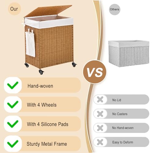Handwoven Hamper with Lid, Laundry Basket with Wheels, Machine Washable Liner, 2 Section Clothes Hamper for Bathroom Laundry Room Bedroom, Rattan, 125L - color: Rattan/With Lid/125L