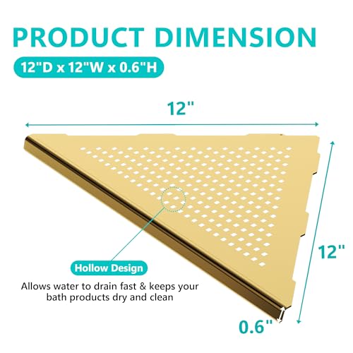 Qeke 2 Pack Bathroom Corner Shelf, Recessed 12" Corner Shower Shelf, SUS304 Stainless Steel Triangular Wall Mount, No Drilling, Brushed Golden - color: Brushed Golden, size: 12"- 2 Pack