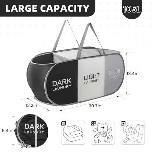 TECHMILLY Collapsible Laundry Basket Durable Pop Up Hamper with 2 Compartments for Sort and Storage, Portable Dirty Clothes Hamper for Dorm, Laundry Room or Travel (Black + Grey + Begie) - color: Black + Grey + Begie, size: 1 Pack