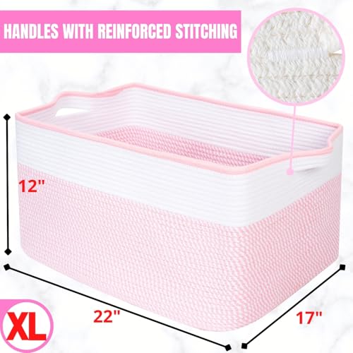 MINTWOOD Design 22in Extra Large Blanket Basket Holder Living Room, Rectangle Rope Woven Storage Basket with Handles for Laundry, Pool Towels, and Shoes, Dog Toy Organizer Bin Box, Light Pink - color: Light Pink