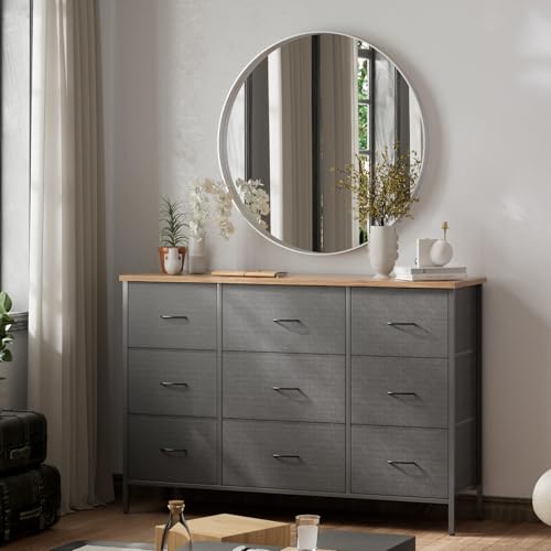 VASICAR Wide TV Stand for Bedroom, Dresser with 9 Deep Drawers, Fabric Storage Cabinet, Modern Chest of Drawers for Closet, Nursery, Living Room（Black） - color: Black