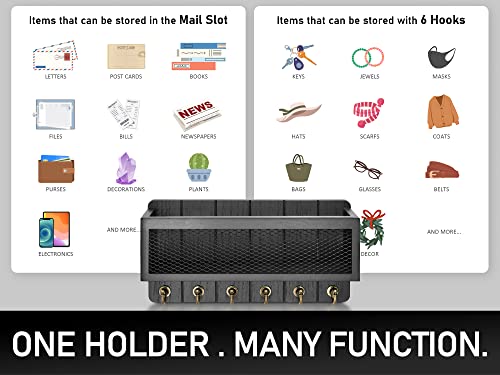 Rebee Vision Decorative Key and Mail Holder for Wall: Farmhouse Wall Mount Sorter with Storage Basket and 6 Retro Key Hooks - Wooden Mail Holder for Office, Appartment, Home Decor (Modern Black) - color: Black